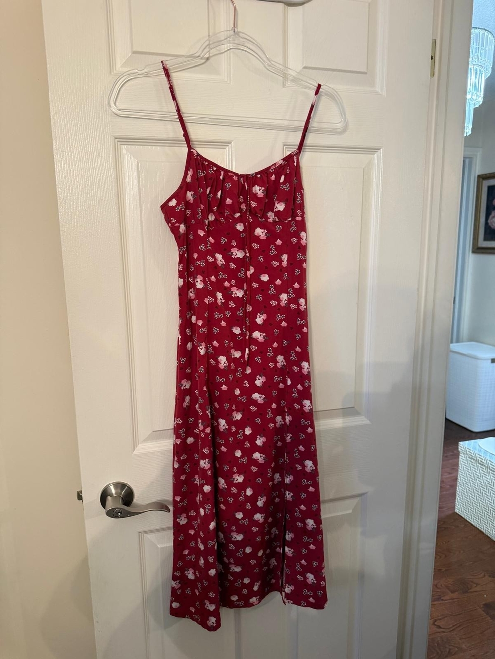 Red Floral Spaghetti Strap Midi Dress
